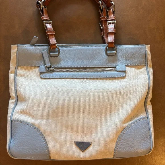 Prada Selleria Canvas Leather Tote linen and pastel Blue - Picture 1 of 9
